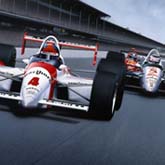 Artwork of Indianapolis race where Fittipaldi leads Mansell and Luyendyk in 1993.